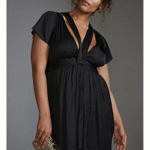 🖤 Anthropologie Black Satin Mini Dress V-Neck Flutter Sleeve Size 12 🖤